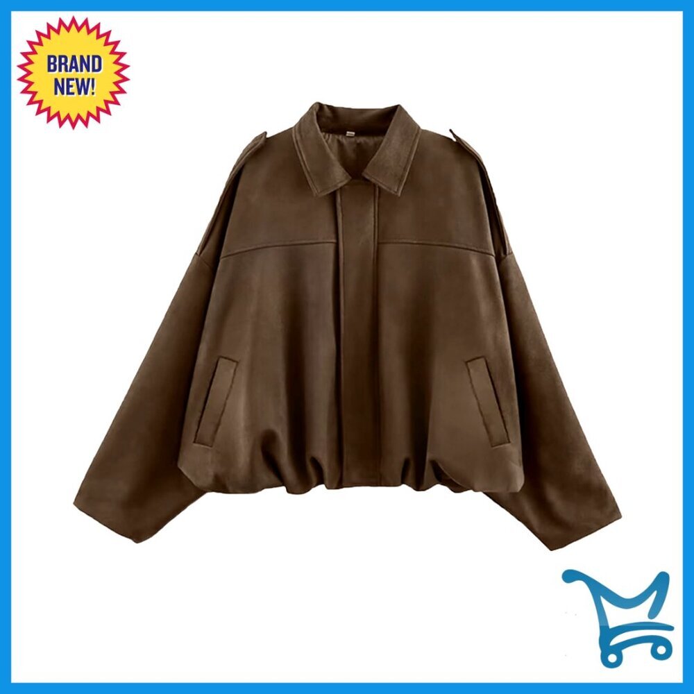 Faux Suede Bomber Jacket Cropped Oversized Lapel Pilot Coat